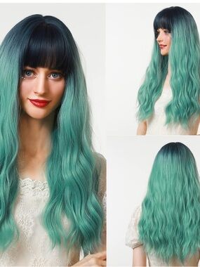 Long Wavy Ombre Mint Green Wig with Blunt Bangs